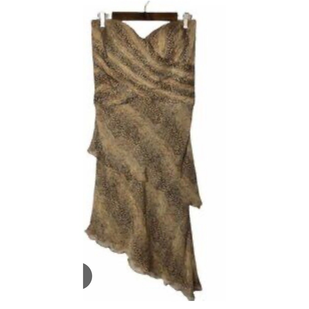 Chetta B Animal Print Strapless Asymmetrical Dress w Scarf Brown Tan 12 Vintage
